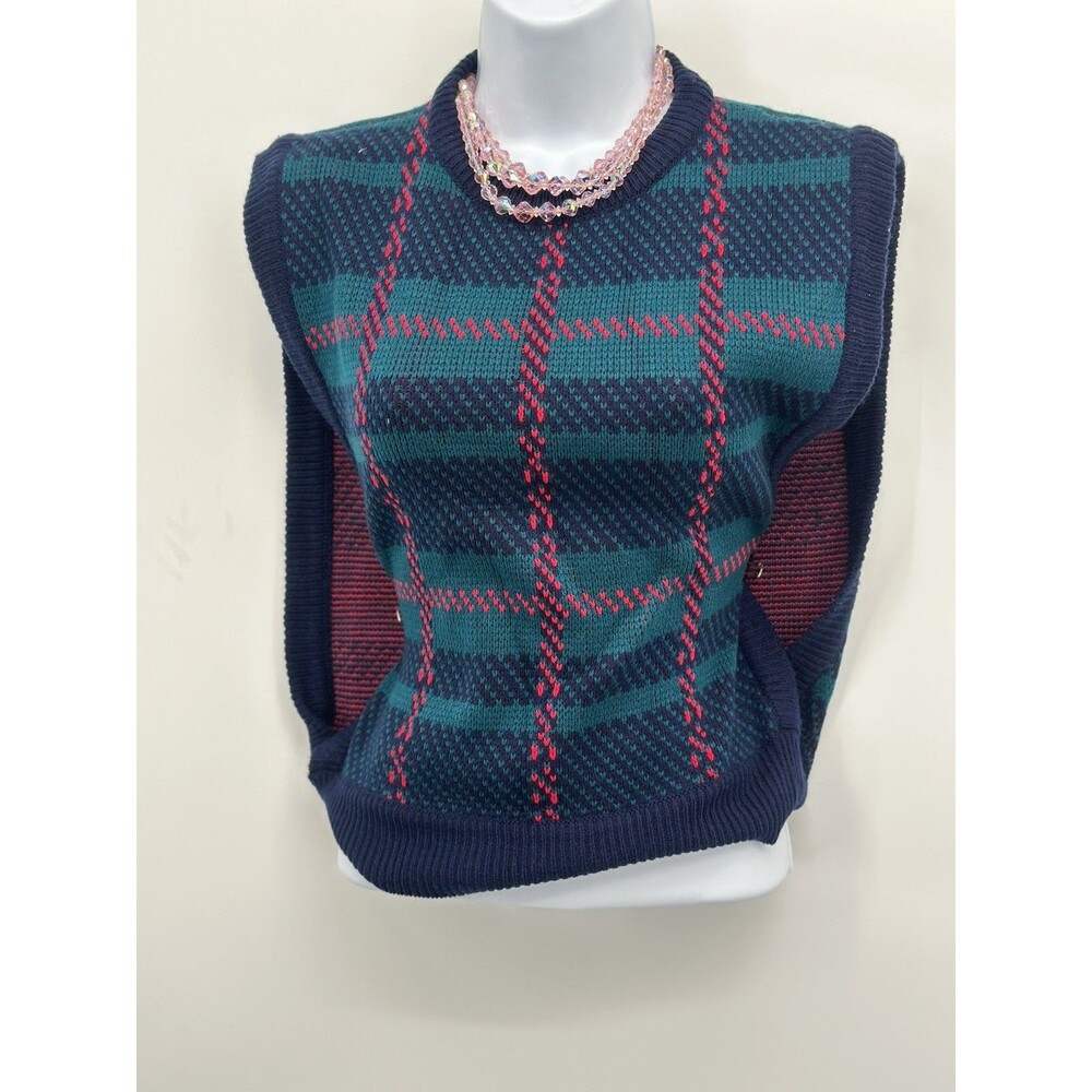 Vtg Sweater Vest Women ‎ size M Wool Grandpa Cabincore Academia green/ black - Picture 2 of 7